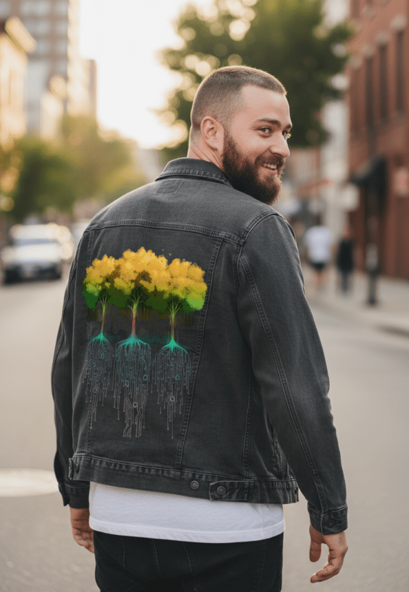 CONNECTION FOREST by TOBE FONSECA, digitally printed on DENIM products: throw pillows, aprons, table place mats, and hand-crafted Unisex Denim Jackets in 3 color choices