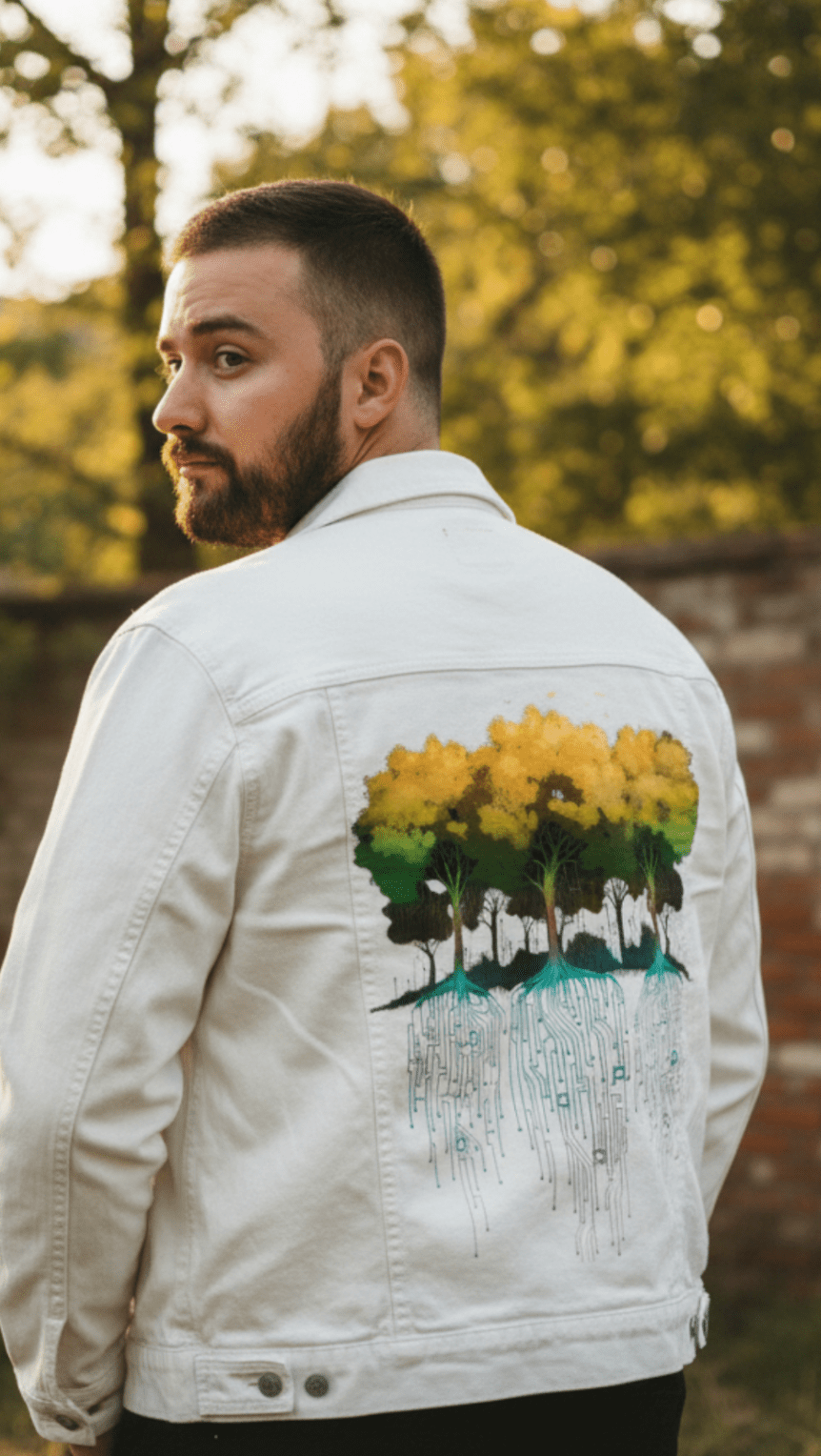 CONNECTION FOREST by TOBE FONSECA, digitally printed on DENIM products: throw pillows, aprons, table place mats, and hand-crafted Unisex Denim Jackets in 3 color choices