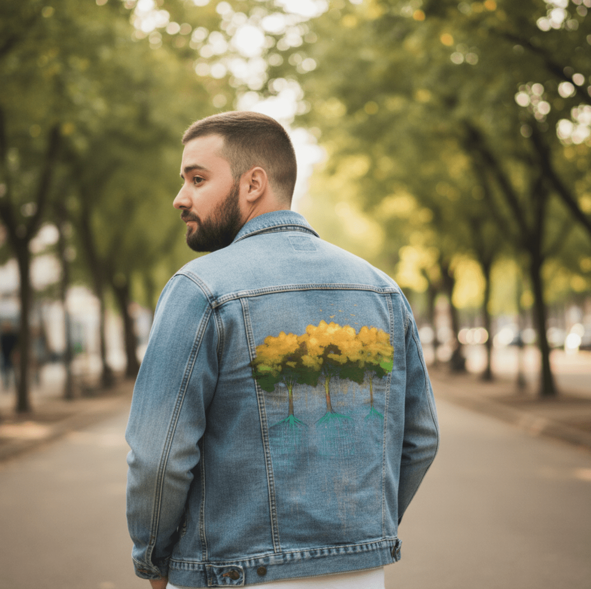 CONNECTION FOREST by TOBE FONSECA, digitally printed on DENIM products: throw pillows, aprons, table place mats, and hand-crafted Unisex Denim Jackets in 3 color choices