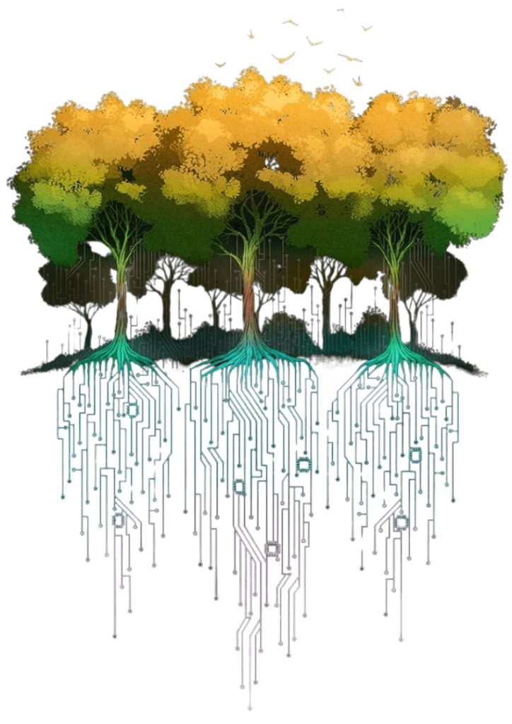 illustration of Three trees standing side by side with dense canopies fading from golden yellow at the top to green below. Their trunks rise from a dark forest band, while their roots extend downward as intricate circuit-board lines in teal, gray, and white, branching into nodes and pathways. Small birds fly above the treetops against a black background. This artwork is titled “Connection Forest” and created by Tobe Fonseca