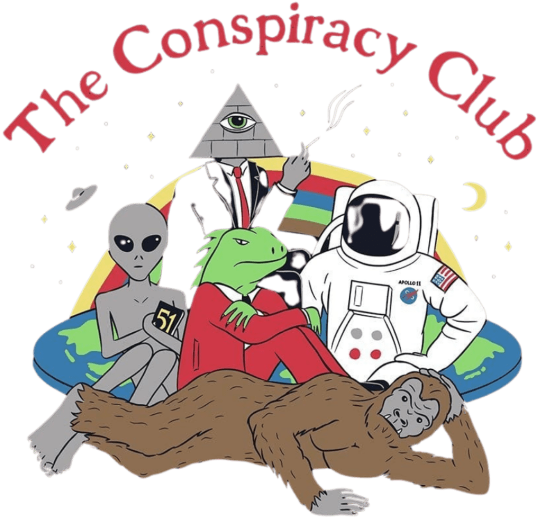 illustration of A group of cartoon-style figures seated together on a floating Earth against a black space background. The group includes a gray alien holding a sign marked “51,” a green reptilian figure in a red suit, a pyramid-headed figure with a single eye wearing a black suit &amp; red tie, &amp; an astronaut in a white spacesuit labeled “APOLLO 11.” A brown bigfoot reclines in the foreground. a rainbow arc appears behind them, with small stars, planets, &amp; a crescent moon scattered around. “The Conspiracy Club