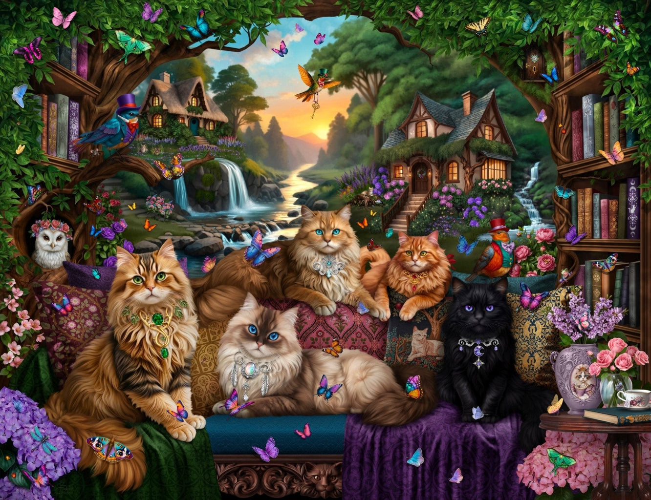illustration of five ornate long-haired cats gathered on layered cushions &amp; patterned blankets inside a whimsical storybook cottage landscape. the cats vary in coat colors including golden tabby, cream, ginger, and black, each wearing detailed decorative pendants. butterflies in pink, blue, orange, and purple flutter through the scene, while birds perch among flowers and leaves. behind them are trees with built-in bookshelves, small cottages, winding paths, &amp; flowing stream with waterfalls glowing at sunset