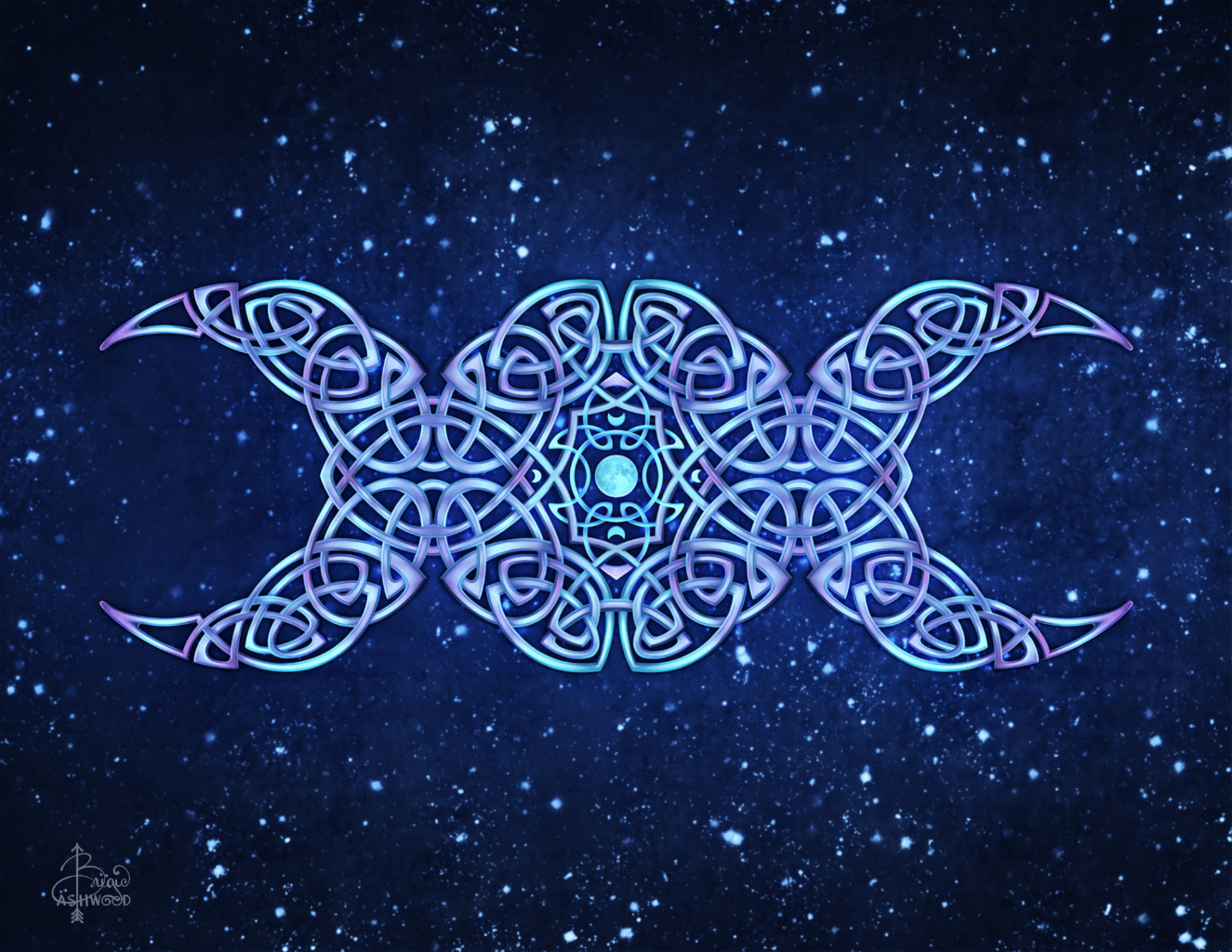 illustration of an elaborate Celtic knotwork triple-moon symbol rendered in luminous blue, indigo, and violet tones. two mirrored crescent moons formed entirely from continuous interlaced knot bands face inward toward a central circular knot framing a pale full moon disk. the flowing loops create a balanced horizontal composition set against a deep, star-filled night sky dotted with soft white and blue points of light. this artwork is titled “Crescent Moon” and created by artist Brigid Ashwood