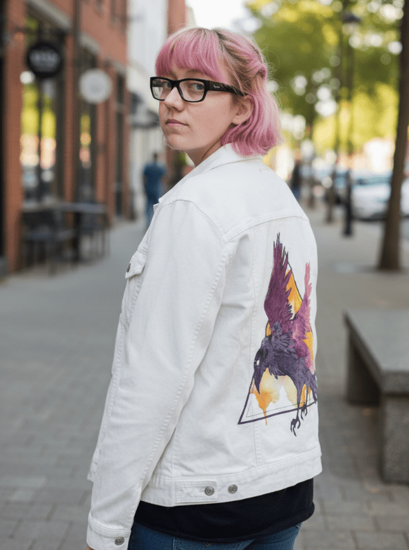 CROW WATERCOLOUR by JESS ADAMS, digitally printed on DENIM products: throw pillows, aprons, table place mats, and hand-crafted Unisex Denim Jackets in 3 color choices