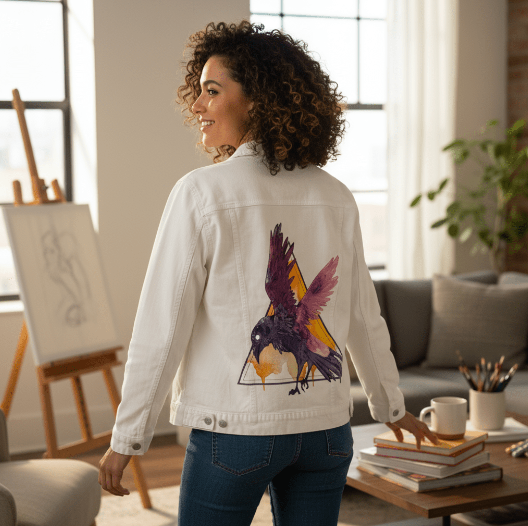 CROW WATERCOLOUR by JESS ADAMS, digitally printed on DENIM products: throw pillows, aprons, table place mats, and hand-crafted Unisex Denim Jackets in 3 color choices