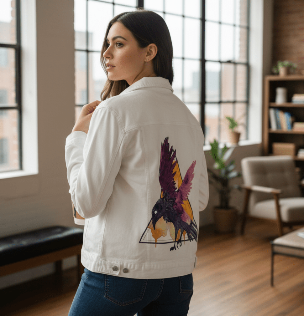 CROW WATERCOLOUR by JESS ADAMS, digitally printed on DENIM products: throw pillows, aprons, table place mats, and hand-crafted Unisex Denim Jackets in 3 color choices
