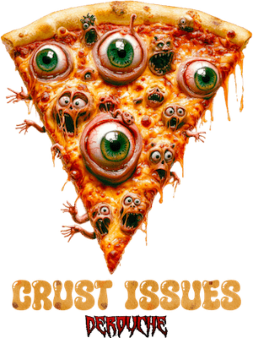 A surreal, horror-comedy illustration of a dripping pizza slice covered in grotesque details. Instead of typical toppings, the melted cheese and tomato sauce swirl around dozens of hyper-realistic green eyeballs and screaming mouths. Tiny mutated arms reach out from the crust and pepperoni-like creatures twist in agony across the slice. Rendered in a vivid mix of reds, yellows, and grotesque greens, the slice appears alive and haunted. At the bottom, bold text reads “CRUST ISSUES” in bubbly pizza-textured l