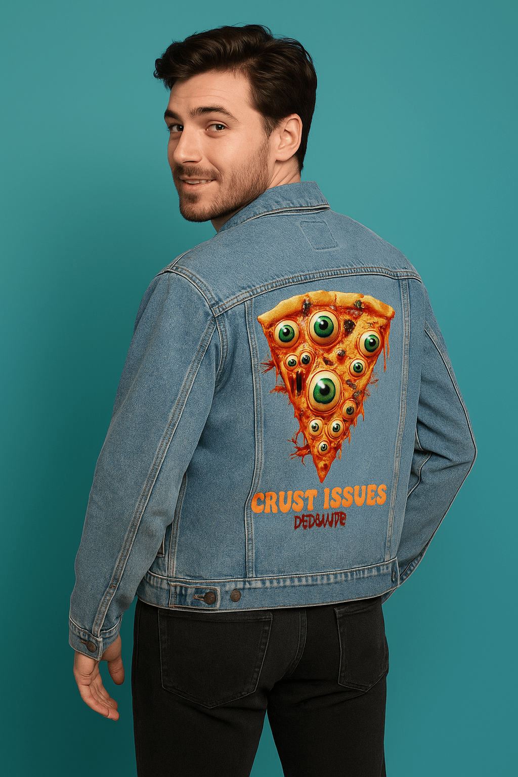 CRUST ISSUES by DeROUCHE DESIGNS, printed on denim jackets and other denim products: tote bags, throw pillows, table place mats, aprons