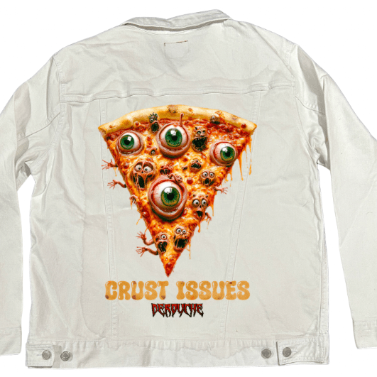 White denim jacket laid flat, showcasing the back panel artwork of a monstrous pizza slice dripping with gooey cheese, eyeballs, mouths, and mutant limbs. The bright white denim highlights every creepy detail of the twisted, cartoonish horror artwork by DeRouche Designs.