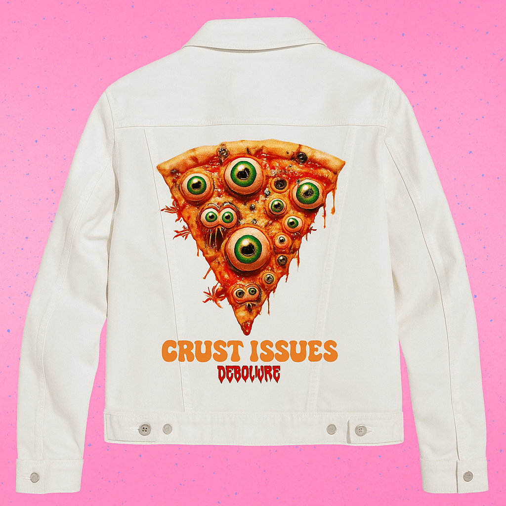 White denim jacket laid flat, showcasing the back panel artwork of a monstrous pizza slice dripping with gooey cheese, eyeballs, mouths, and mutant limbs. The bright white denim highlights every creepy detail of the twisted, cartoonish horror artwork by DeRouche Designs.