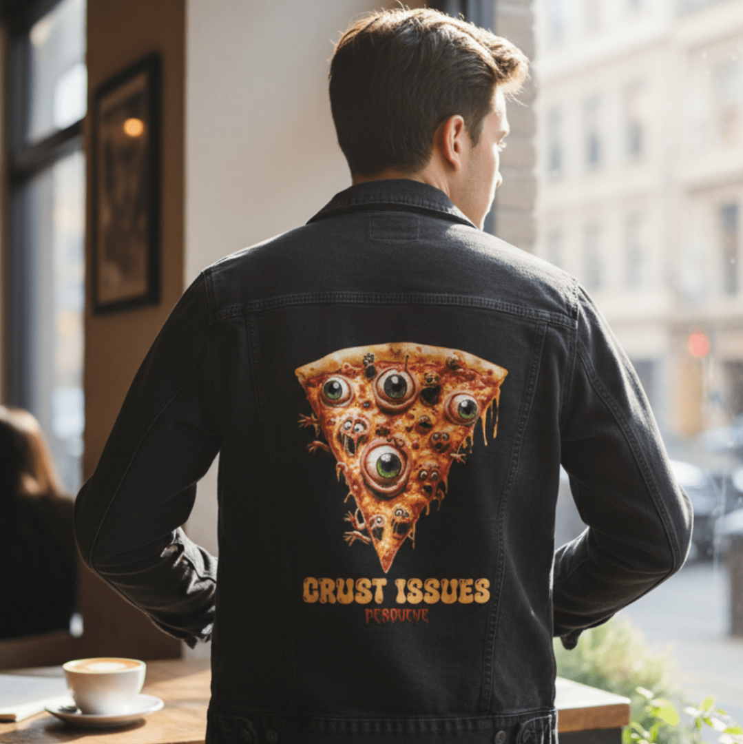 Back view of a person wearing a black denim jacket indoors, standing by a window with a latte on the table nearby. The back panel features a horror-comedy illustration of a gooey pizza slice crawling with eyeballs and mini screaming faces. The artwork stands out against the deep black denim. Soft daylight from the window enhances the texture of the jacket, while the warm café setting adds contrast to the creepy-fun vibe of the design.