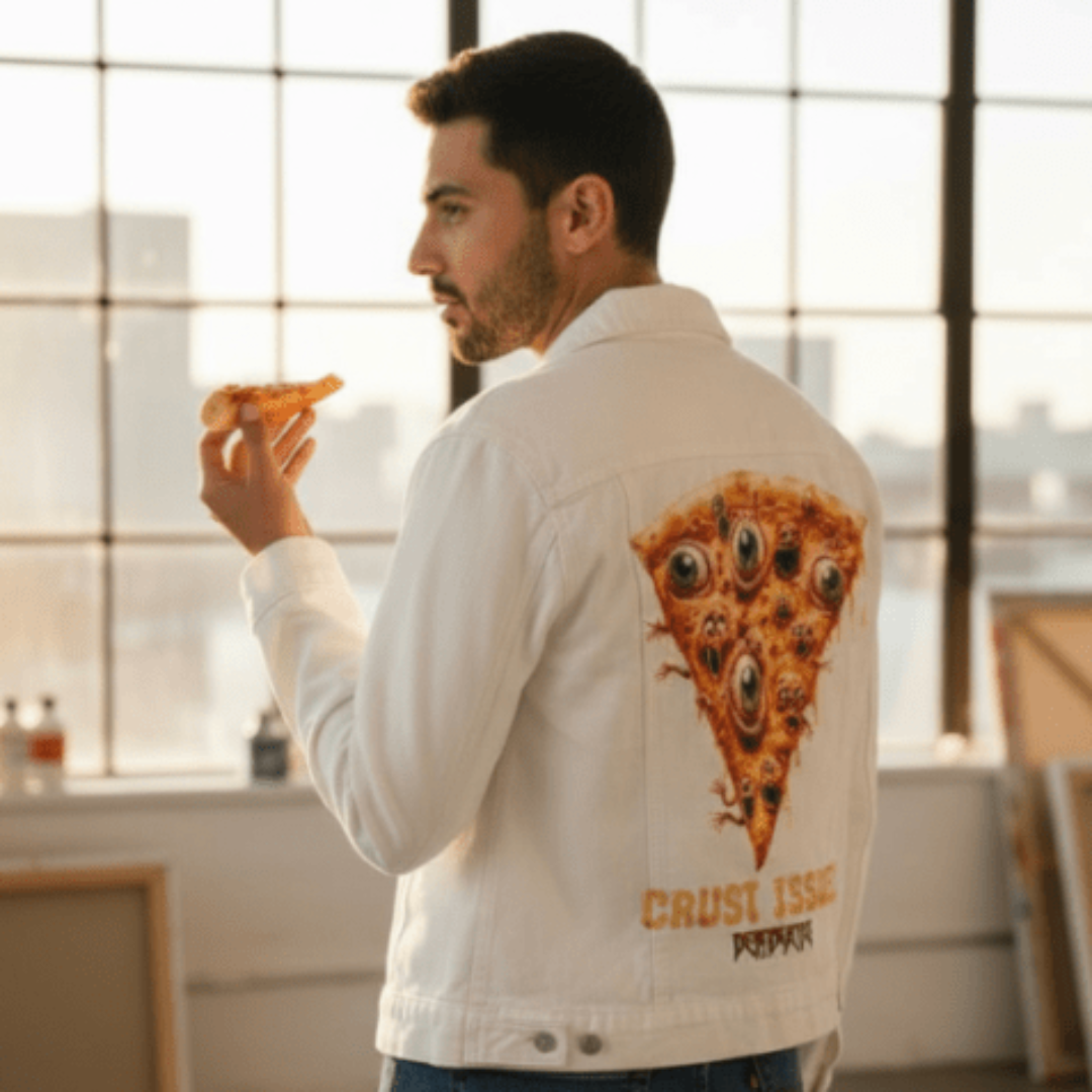 A person in a white denim jacket stands in a loft-style studio with tall windows and warm sunset light. They hold a slice of real pizza in one hand, while the back of the jacket displays the printed “Crust Issues” illustration: a grotesque animated pizza slice covered in bulging green eyes. The bright white denim provides a stark contrast to the vivid, gooey artwork. The background features canvas frames and a casual art space atmosphere. printed by DenimINK