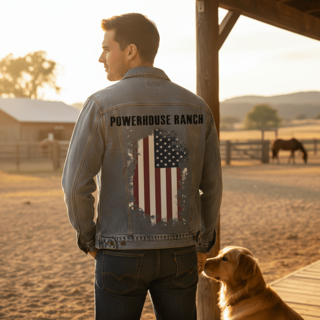 Back view of a person standing at a ranch during golden hour wearing a stonewashed denim jacket printed with “POWERHOUSE RANCH” above a distressed American flag design. A golden retriever sits close at their side, looking up as warm light spills across dusty ground, wooden fencing, and distant horses. The scene smells of sun-warmed earth and hay, the jacket woven into a moment of loyalty, companionship, and open land. Printed by DenimINK