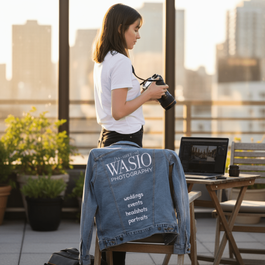 Back view of a stonewashed denim jacket draped over a wooden chair on a rooftop workspace, displaying white typography that reads “In the style of WASIO Photography” with a services list including weddings, events, headshots, and portraits. Nearby, a photographer checks a camera beside an open laptop as warm city light fills the space, making the jacket feel like a quiet extension of the creative process. Printed by DenimINK