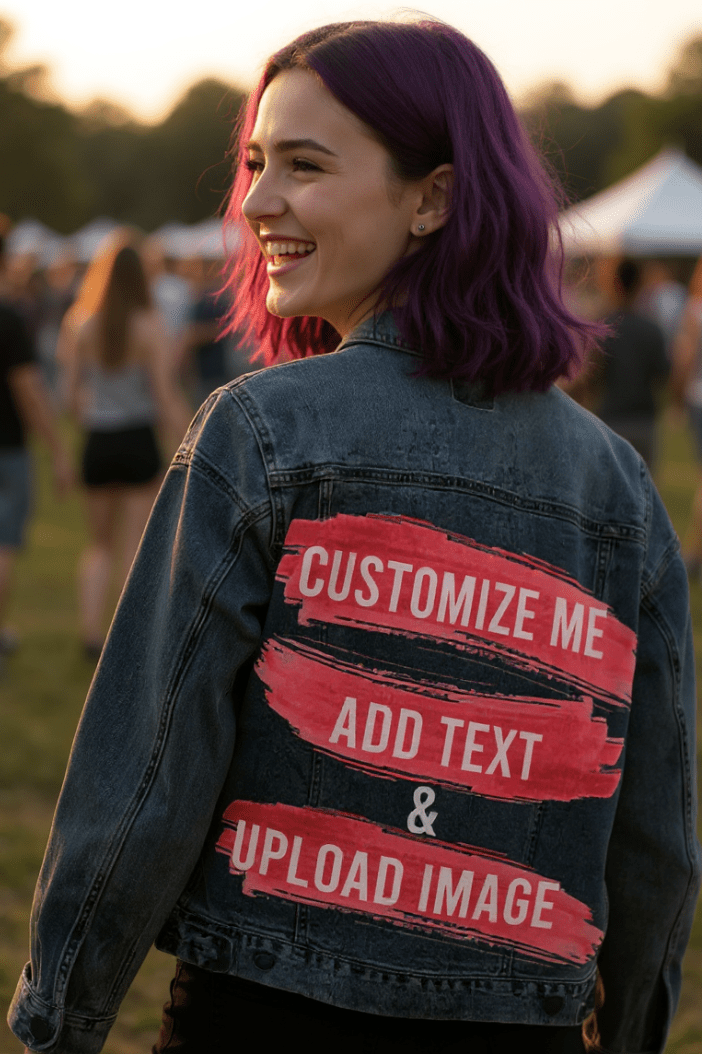 Customize &amp; Design your own digitally printed Denim Jacket (hand-made) with 3 color choices of jacket: Stonewash, White, or Black. Unisex XS S M L XL 2X 3X