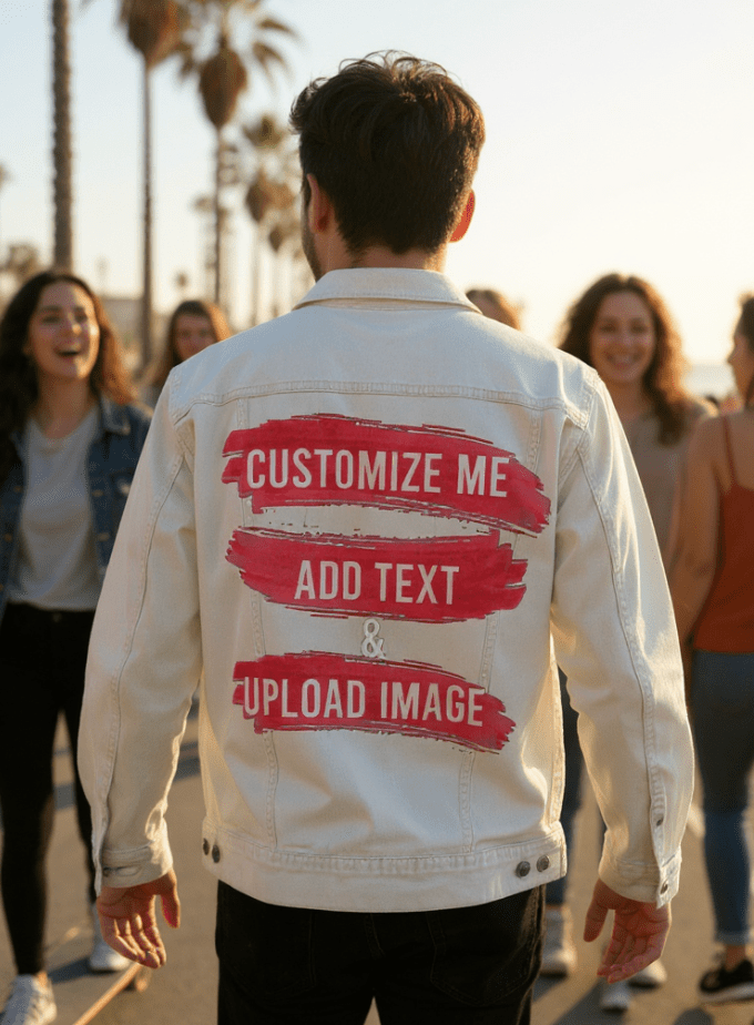 Customize &amp; Design your own digitally printed Denim Jacket (hand-made) with 3 color choices of jacket: Stonewash, White, or Black. Unisex XS S M L XL 2X 3X