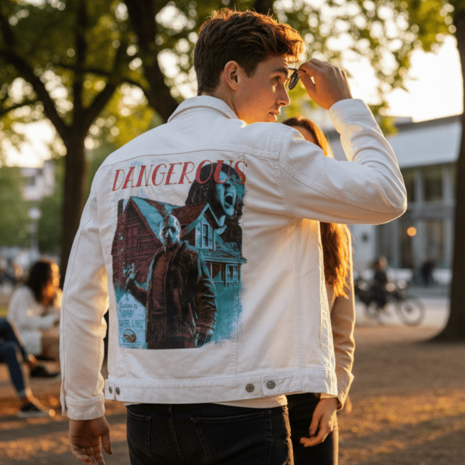 DANGEROUS by DeROUCHE DESIGNS, printed on denim jackets and other denim products: tote bags, throw pillows, table place mats, aprons