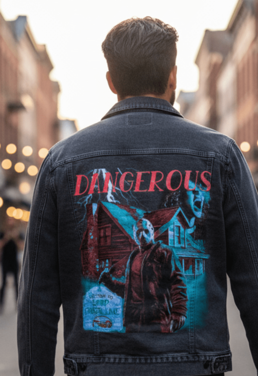 DANGEROUS by DeROUCHE DESIGNS, printed on denim jackets and other denim products: tote bags, throw pillows, table place mats, aprons