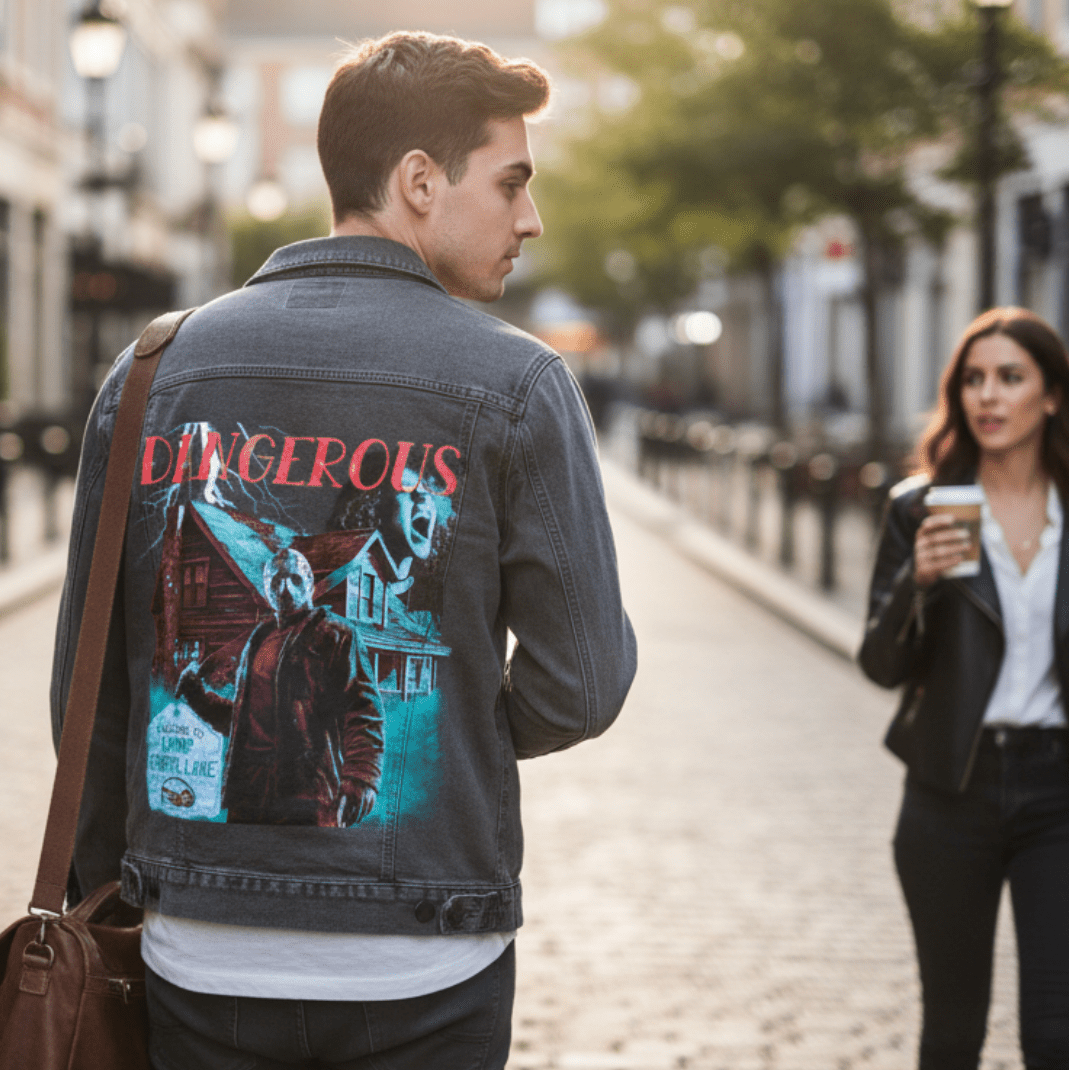 DANGEROUS by DeROUCHE DESIGNS, printed on denim jackets and other denim products: tote bags, throw pillows, table place mats, aprons