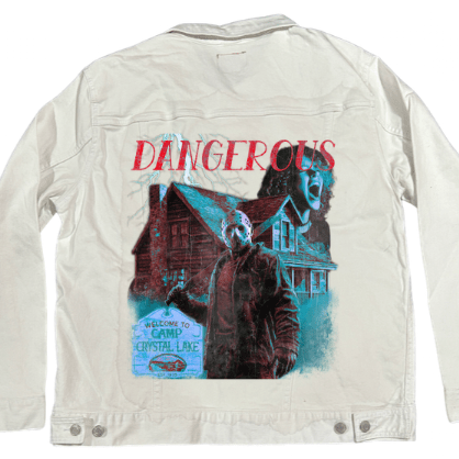 DANGEROUS by DeROUCHE DESIGNS, printed on denim jackets and other denim products: tote bags, throw pillows, table place mats, aprons