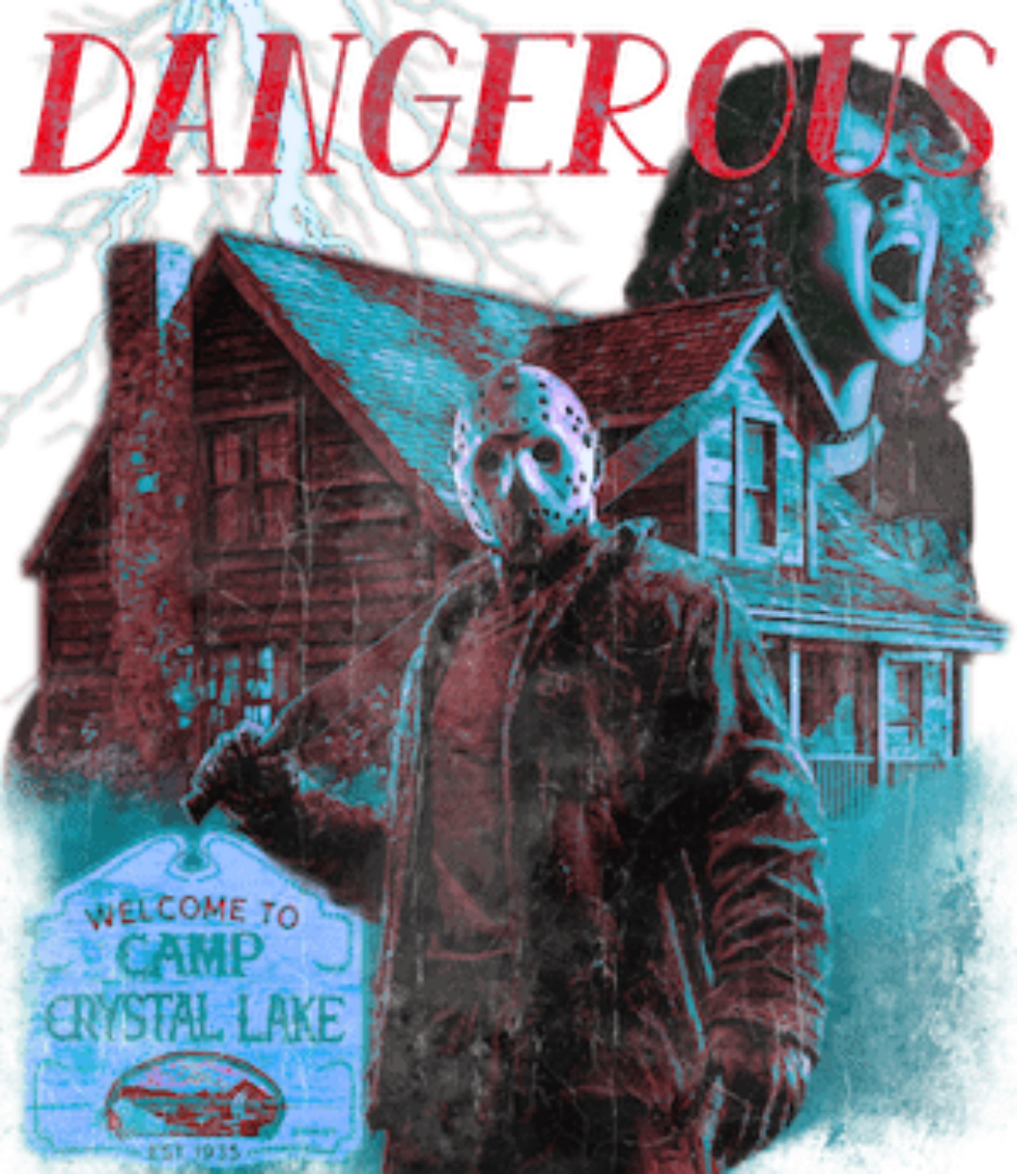 DANGEROUS by DeROUCHE DESIGNS, printed on denim jackets and other denim products: tote bags, throw pillows, table place mats, aprons