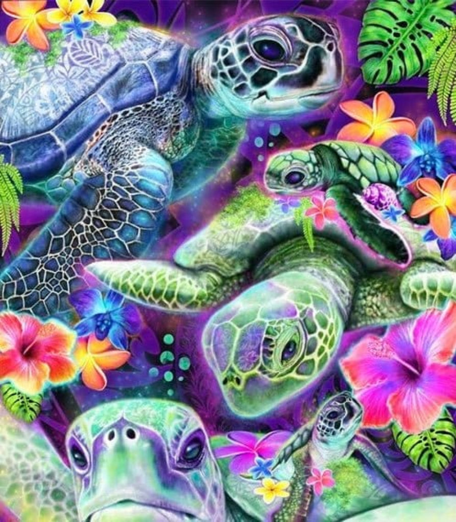 illustration of multiple sea turtles swimming and overlapping in a vibrant underwater scene, their shells and flippers patterned with detailed green, teal, and blue scales. the turtles face different directions, some in profile and some head-on, with large reflective eyes. bright tropical flowers in pink, orange, yellow, and purple float among leafy green plants, set against a glowing violet and indigo background with bubbles and soft light effects. this artwork is titled “Daydream Sea Turtles” Sheena Pike