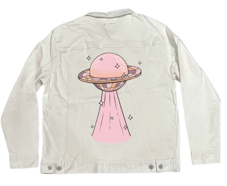 DISCO UFO by KITSCH AND CURATE,printed by DenimINK on hand-crafted Denim Jackets and other denim products and other denim products: tote bags, throw pillows, table place mats, aprons