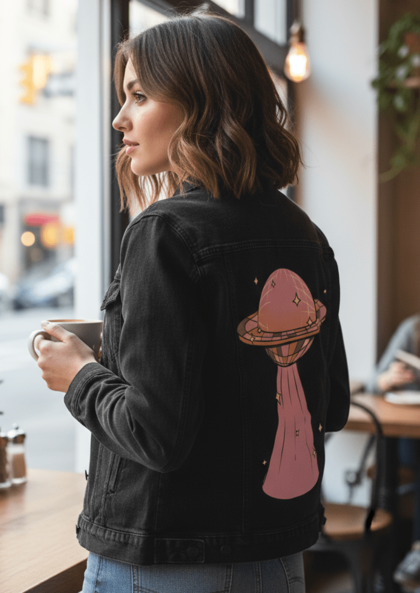 DISCO UFO by KITSCH AND CURATE,printed by DenimINK on hand-crafted Denim Jackets and other denim products and other denim products: tote bags, throw pillows, table place mats, aprons