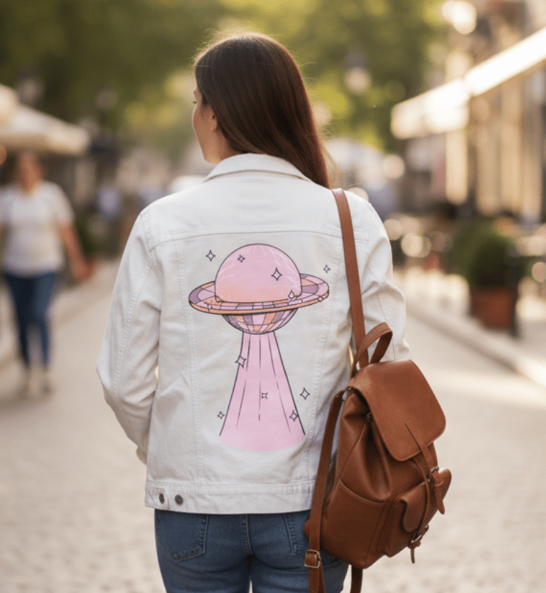 DISCO UFO by KITSCH AND CURATE,printed by DenimINK on hand-crafted Denim Jackets and other denim products and other denim products: tote bags, throw pillows, table place mats, aprons