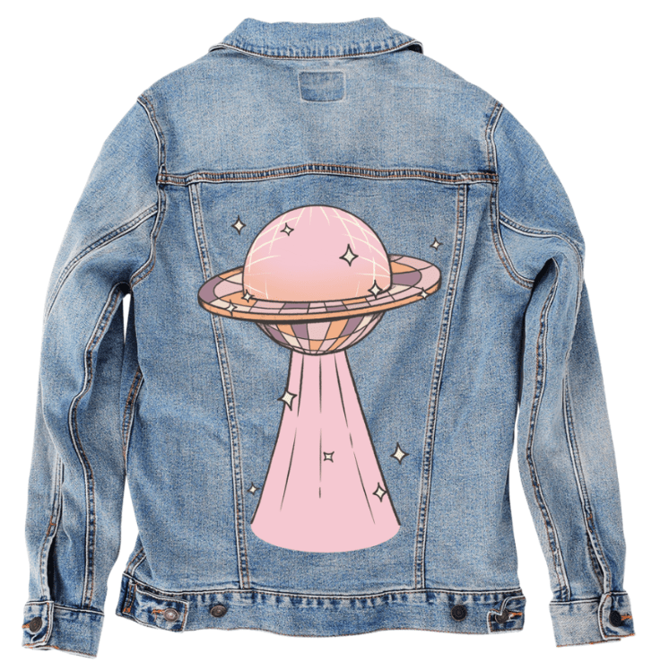DISCO UFO by KITSCH AND CURATE,printed by DenimINK on hand-crafted Denim Jackets and other denim products and other denim products: tote bags, throw pillows, table place mats, aprons