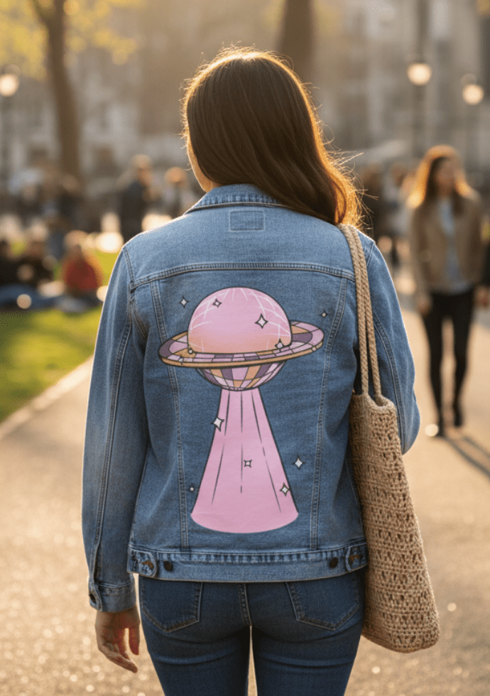 DISCO UFO by KITSCH AND CURATE,printed by DenimINK on hand-crafted Denim Jackets and other denim products and other denim products: tote bags, throw pillows, table place mats, aprons