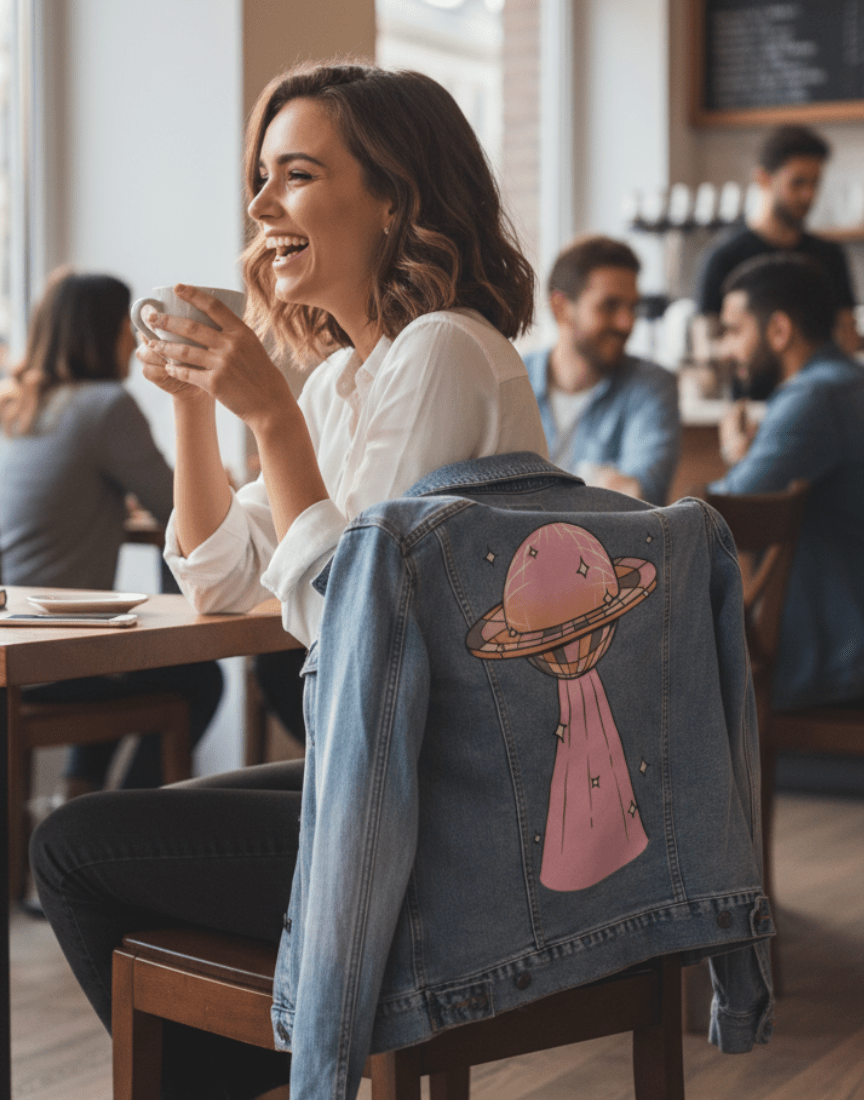 DISCO UFO by KITSCH AND CURATE,printed by DenimINK on hand-crafted Denim Jackets and other denim products and other denim products: tote bags, throw pillows, table place mats, aprons