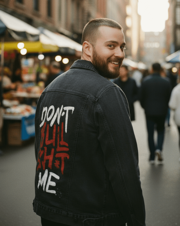 DON'T BULLSHIT ME, by TOBE FONSECA, printed on denim jackets and other denim products: tote bags, throw pillows, table place mats, aprons