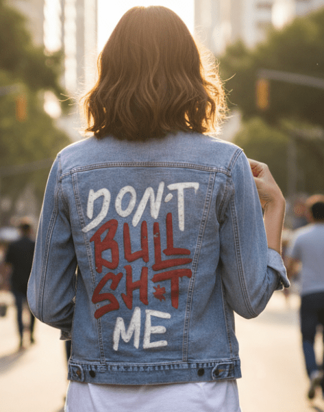 DON'T BULLSHIT ME, by TOBE FONSECA, printed on denim jackets and other denim products: tote bags, throw pillows, table place mats, aprons