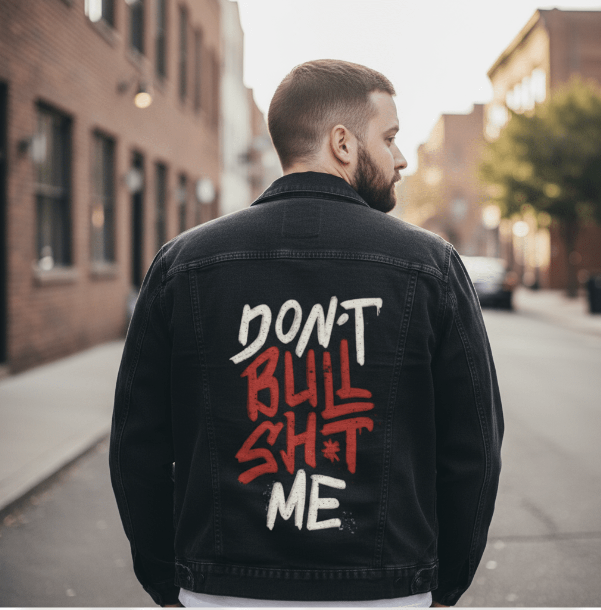 DON'T BULLSHIT ME, by TOBE FONSECA, printed on denim jackets and other denim products: tote bags, throw pillows, table place mats, aprons