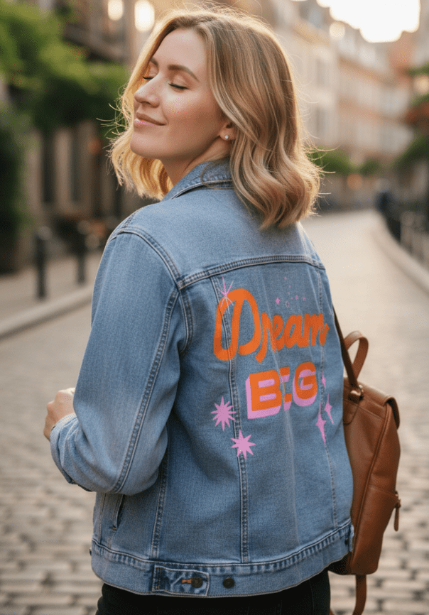 DREAM BIG by IndySign, printed on denim jackets and other denim products: tote bags, throw pillows, table place mats, aprons