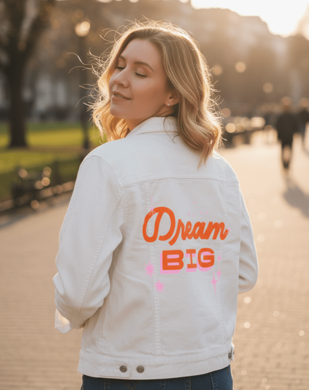 DREAM BIG by IndySign, printed on denim jackets and other denim products: tote bags, throw pillows, table place mats, aprons