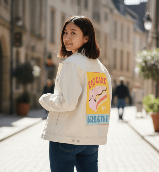 EAT CAKE FOR BREAKFAST by thearticsoul, printed on denim jackets and other denim products: tote bags, throw pillows, table place mats, aprons