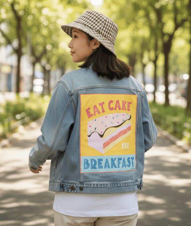 EAT CAKE FOR BREAKFAST by thearticsoul, printed on denim jackets and other denim products: tote bags, throw pillows, table place mats, aprons