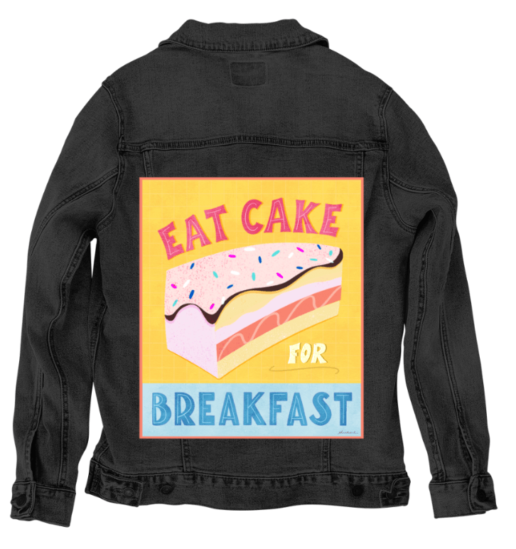 EAT CAKE FOR BREAKFAST by thearticsoul, printed on denim jackets and other denim products: tote bags, throw pillows, table place mats, aprons
