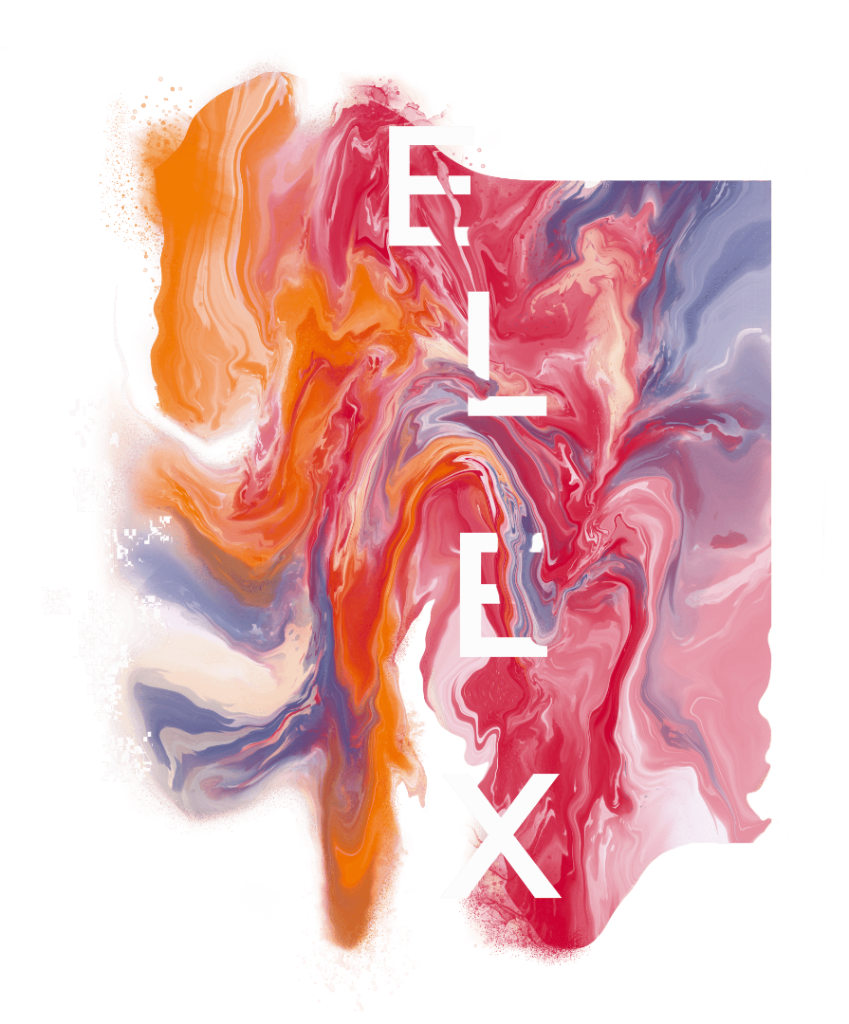 illustration of An abstract marbled composition with swirling red, coral, orange, pink, lavender, &amp; soft gray paint-like forms flowing together. Thick liquid curves &amp; ripples overlap with irregular edges &amp; splattered pigment. bold white capital letters spelling “ELIX” appear vertically across the center, partially intersecting the flowing color fields. The overall shape is asymmetrical, with dense motion on the left &amp; smoother blended areas on the right,. "Elix" by RaMir Design