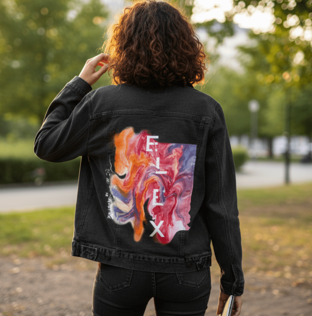 ELIX ABSTRACT by RaMir DESIGNS, printed on denim jackets and other denim products: tote bags, throw pillows, table place mats, aprons