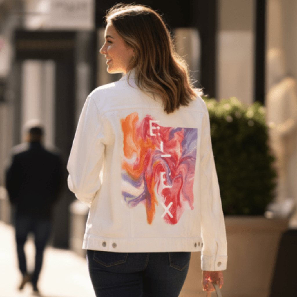 ELIX ABSTRACT by RaMir DESIGNS, printed on denim jackets and other denim products: tote bags, throw pillows, table place mats, aprons