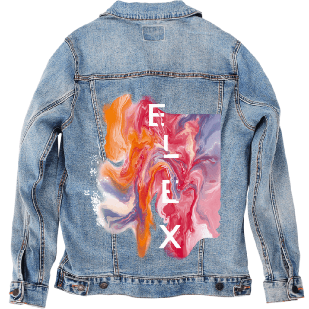 ELIX ABSTRACT by RaMir DESIGNS, printed on denim jackets and other denim products: tote bags, throw pillows, table place mats, aprons