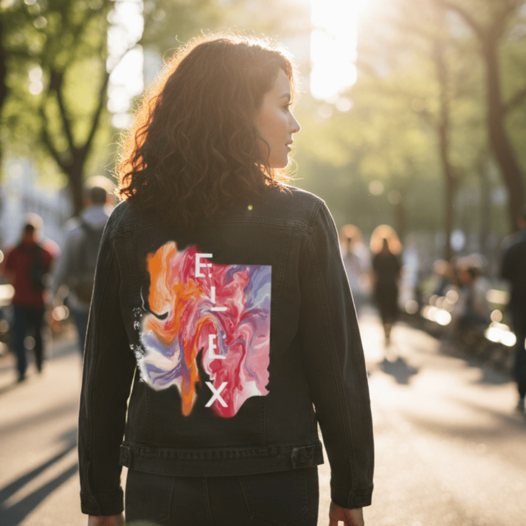 ELIX ABSTRACT by RaMir DESIGNS, printed on denim jackets and other denim products: tote bags, throw pillows, table place mats, aprons