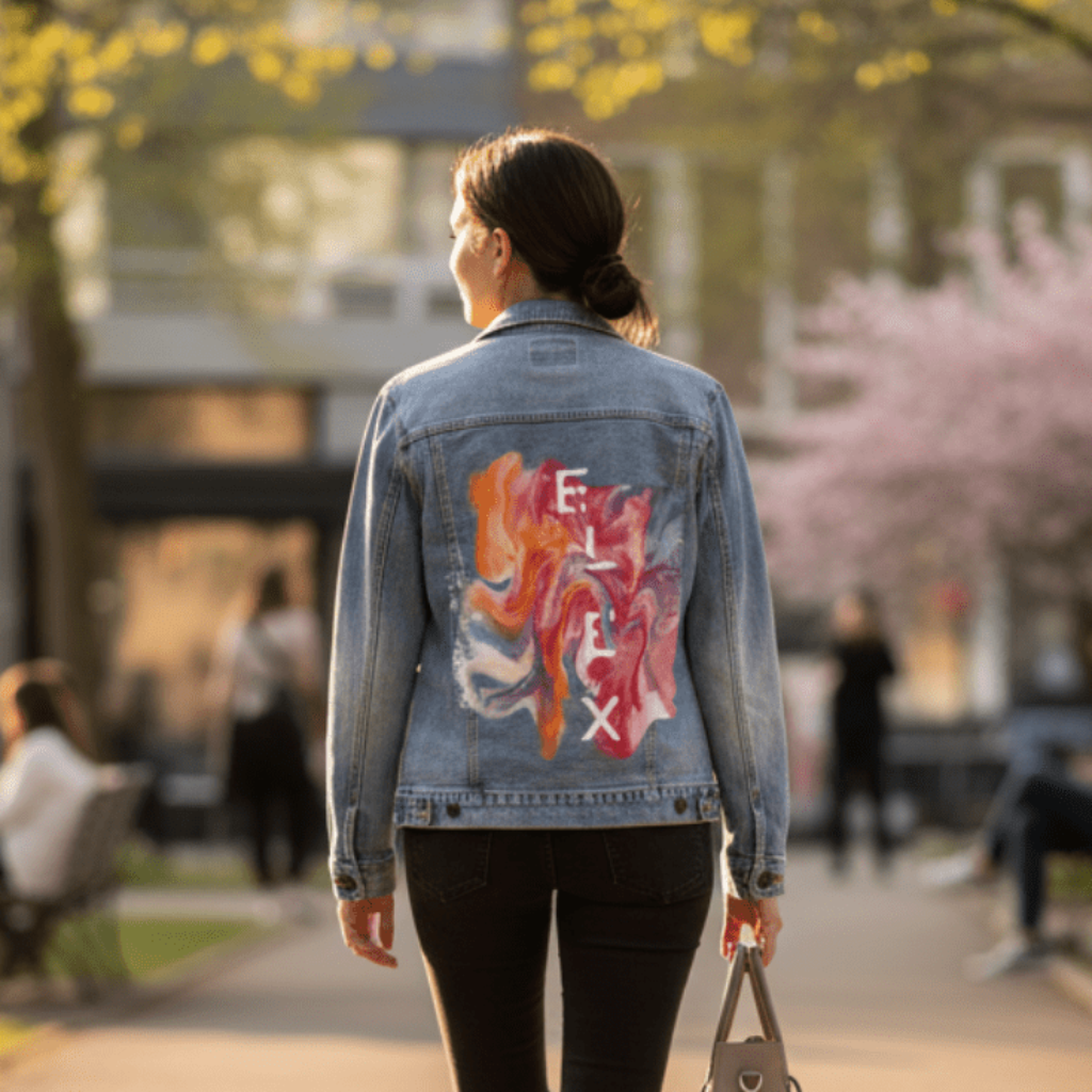 ELIX ABSTRACT by RaMir DESIGNS, printed on denim jackets and other denim products: tote bags, throw pillows, table place mats, aprons