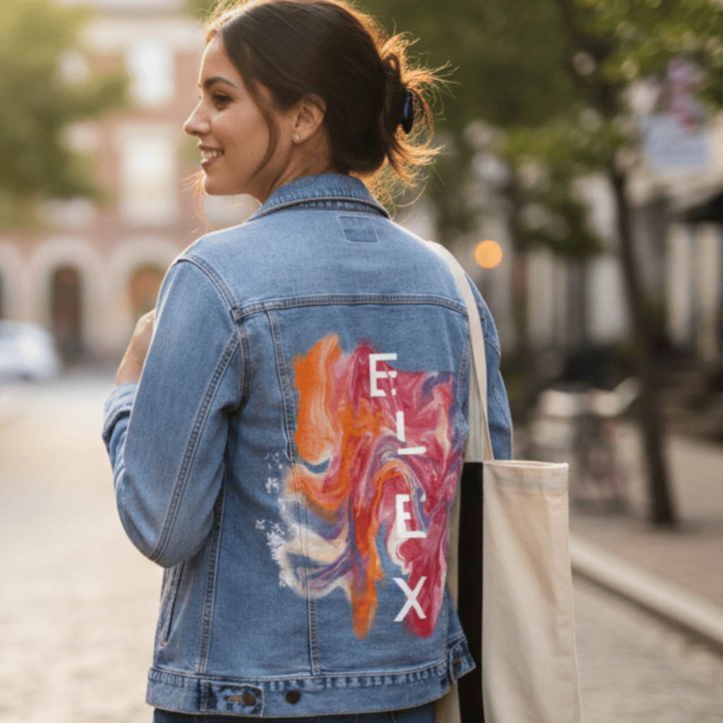 ELIX ABSTRACT by RaMir DESIGNS, printed on denim jackets and other denim products: tote bags, throw pillows, table place mats, aprons