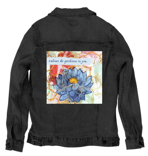EMBRACE YOURSELF by CANVAS and QUOTATIONS,printed by DenimINK on hand - crafted Denim Jackets and other denim products and other denim products: tote bags, throw pillows, table place mats, aprons custom denim jacket by DenimINK