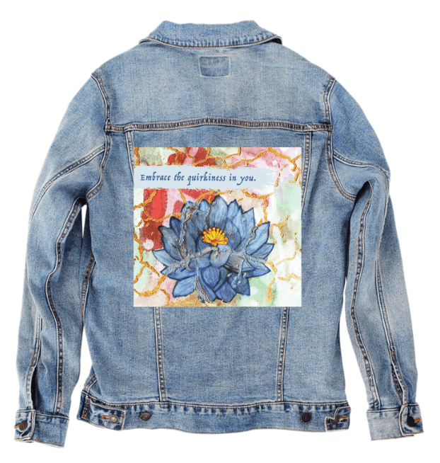EMBRACE YOURSELF by CANVAS and QUOTATIONS,printed by DenimINK on hand - crafted Denim Jackets and other denim products and other denim products: tote bags, throw pillows, table place mats, aprons custom denim jacket by DenimINK
