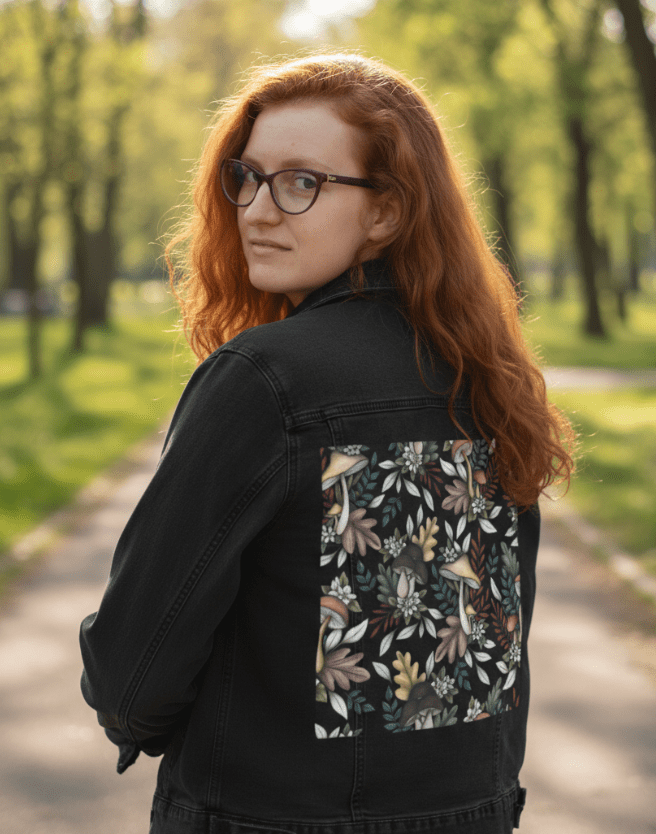 back view of a model walking through a quiet tree-lined park wearing a black denim jacket featuring the artwork “Enchanted Mushrooms” by Cecilia Battaini, a dense, moody forest pattern where clusters of mushrooms emerge from layers of deep green foliage, dotted with chalk-white petals &amp; curling stems. the sunlight flickers through leaves above, casting moving shadows across the rich tones of the design. the design is digitally printed on the jacket’s back panel by DenimINK.